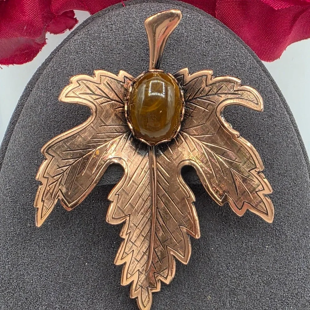 Vintage‎ Renoir Copper Maple Leaf Brooch Brown Stone Cabochon Mid Century Pin